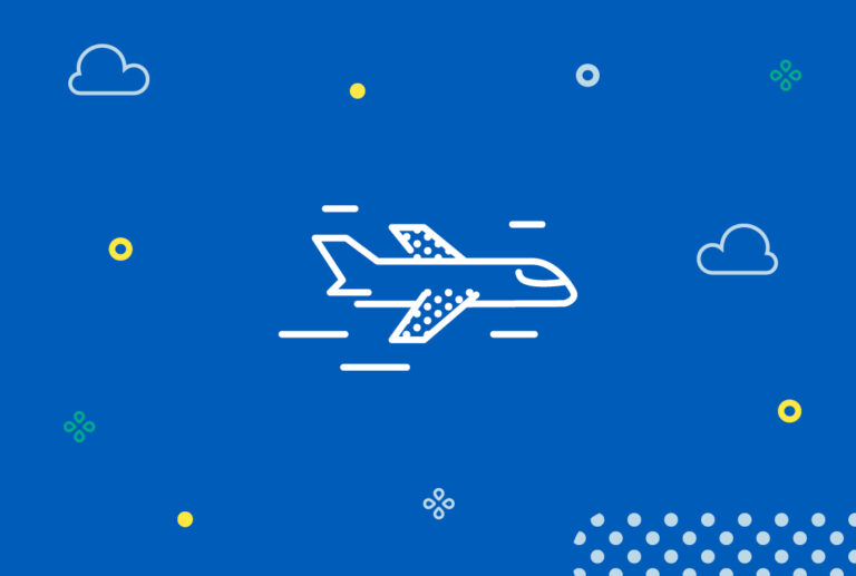White plane illustration with blue background surrounded by cloud, dots and circle illustrations.